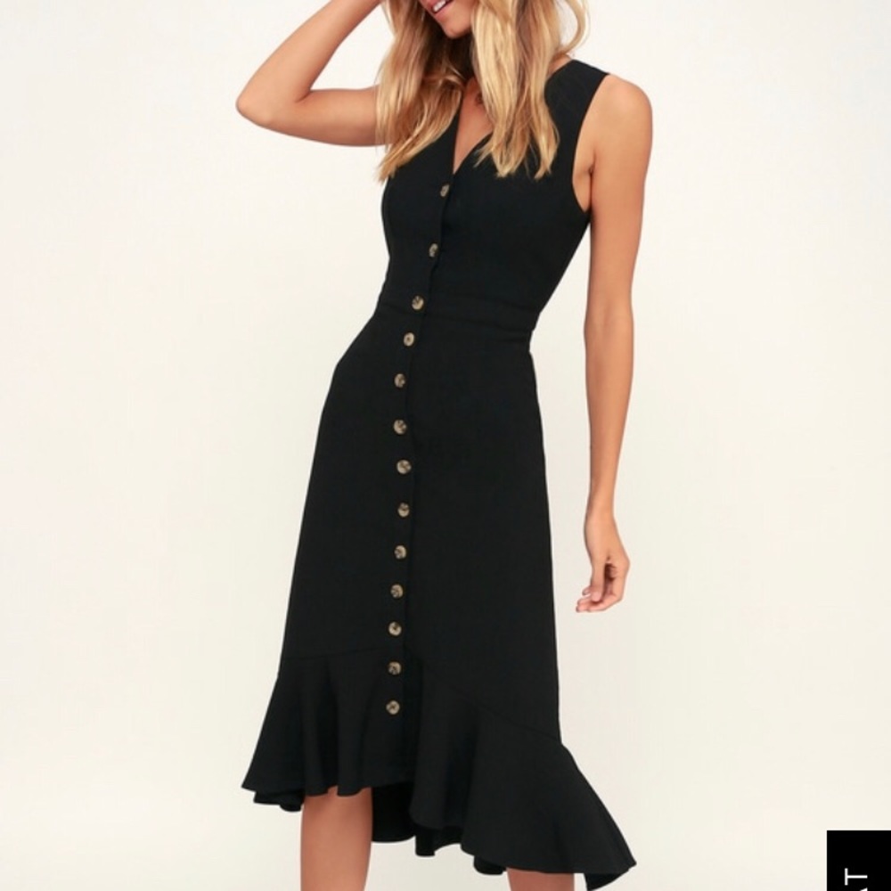 BLACK BUTTON FRONT MIDI DRESS